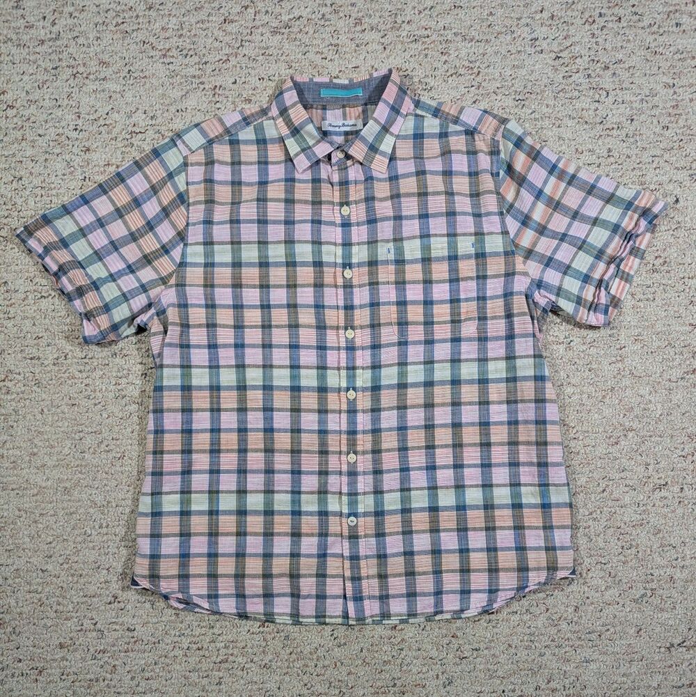Tommy Bahama Button Up Shirt Mens Large Pastel Plaid Lightweight Short Sleeve